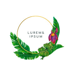 Naklejka premium Tropical banana leaf fruit blossom rainforest template invitation card watercolor gouache and pencil illustration