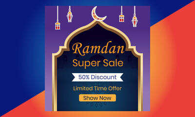 Ramadan sale social media post template banners ad, Eid Mubarak Sale with Flat 50% Off, Suitable for Greeting Card, Banner, Event Backdrop, Social Media, And Other Muslim Related Occasion.