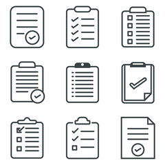 Set of record checklist paper. Business work check or to-do-list document icon. Premium thin line 640x640 pixels vector illustrator.