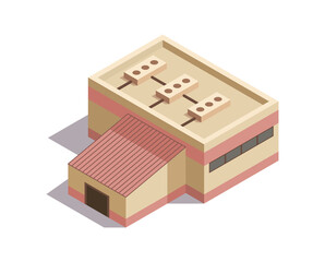 Isometric mining industry and power generating. Composition with image of factory building. Plant or other industrial facility