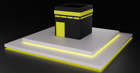 3D illustration of Holy Kaaba for islamic celebration eid al adha or hajj on black background with shining ground