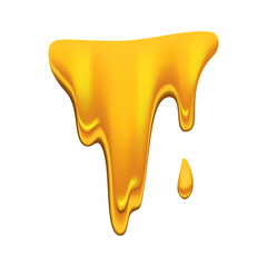 Honey dripping on white background. Golden flow syrup, caramel flowing or liquid melt template. Colorful delicious honey drops