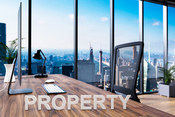 property; office chair in front of modern workspace with computer and skyline view; real estate concept; 3D Illustration