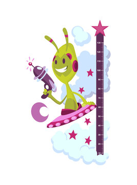 Wall meter with funny alien. Sticker for measuring height kids. Funny vector cartoon illustration for children