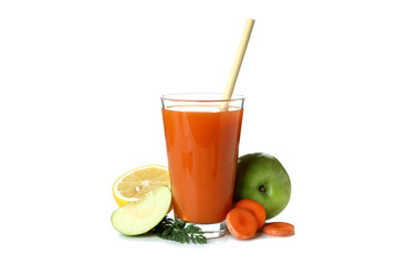 Glass of juice and ingredients isolated on white background