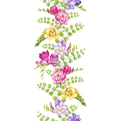 Freesia flower seamless border. Tender pink, violet, yellow spring blossoms. Endless decration floral element. Bright freesia watercolor illustration. Seamless border on white background