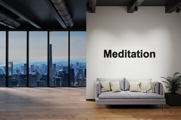modern luxury loft with skyline view and vintage couch, wall with meditation lettering, 3D Illustration