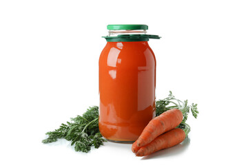 Jar of juice and carrot isolated on white background
