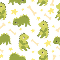 cute vector seamless pattern with dinosaurs. background for kids, dinosaur bones. wild animals