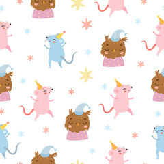 cute vector seamless pattern with sleepy animals. cute owl and mouse