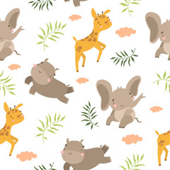 vector seamless pattern safari animals. exotic pattern with giraffe, hippo and elephant, cute animals on palm leaves background