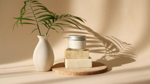 Presentation, Advertising with of Beauty Cream on Pastel Beige Background in the Morning Rays of Light and Palm Leaves Shadows. Cream Sand Stone Podiums. Concept of Skincare Cosmetic, Spa. 4k 