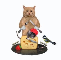 A reddish cat with a knife and a fork eats cheese from a tray. A rat in a chef hat help him. White...