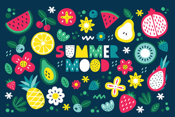 Floral summer clipart with fruits, flowers, berry, lemon, kiwi, watermelon, avocado, pear, garnet, pineapple, leaves