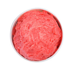 Delicious pink ice cream in paper cup isolated on white, top view