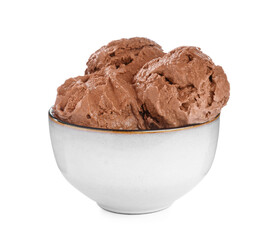 Delicious chocolate ice cream in bowl isolated on white