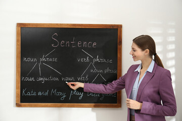 English teacher giving sentence construction rules near blackboard in classroom