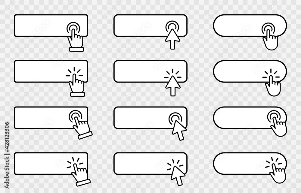 Poster click cursor blank button on transparent background. clicking banner template. click here web button