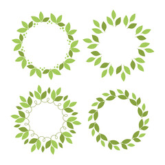 Set round frames with green leaves. Template, place for text, design of cards, banners. Green tea leaves, matcha. Healthy lifestyle, ecology, spring frame. Illustration in flat style
