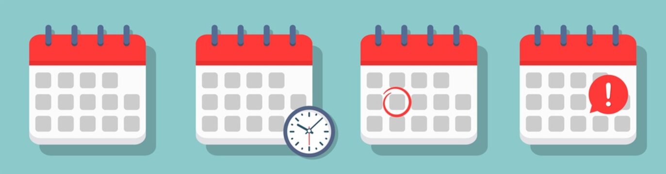 Calendar icons collection. Calendar with red circle, clock and mark the date or day. Flat design style. Vector illustration.