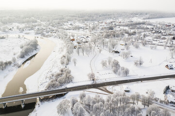 Frost on the trees on a snowy winter day. Skrunda, Latvia. Captured from above.