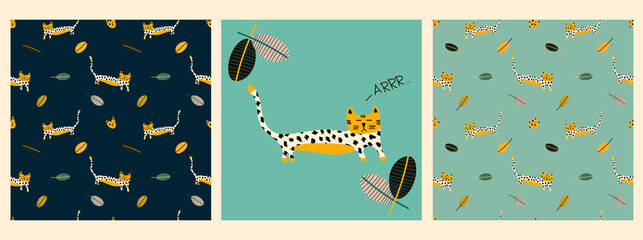 Fototapeta na wymiar Vector set of posters and patterns with a tiger in tropical leaves and the inscription arrrr on a colored background in the Scandinavian style. Children's illustration for pajamas, posters, postcards