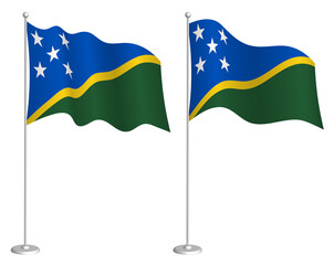 flag of Solomon Islands on flagpole waving in wind. Holiday design element. Checkpoint for map symbols. Isolated vector on white background
