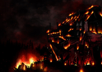 Fototapeta na wymiar 夜の山奥の廃屋の火災のイラスト