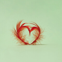 A red shaped feather heart on pastel green background.