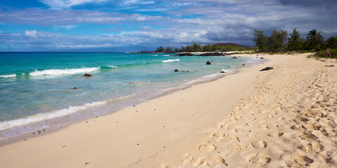 Fototapeta na wymiar Panoramic view of the sand beach and blue ocean in Hawaii.
