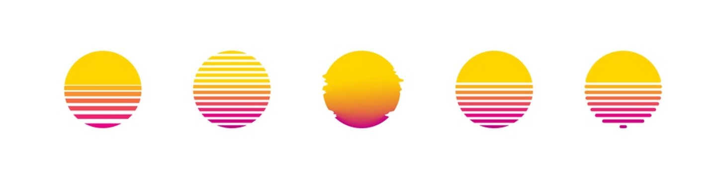 Sun retro set sunset or sunrise element 1980s style. Retrowave sun flat design banner isolated illustration