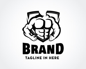 body muscular art shield logo design template vector illustration