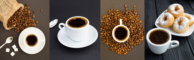Collage of black coffee in the white cup and coffee beans on the dark background