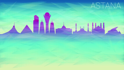 Astana Kazakhstan City Skyline Vector Silhouette. Broken Glass Abstract Geometric Dynamic Textured. Banner Background. Colorful Shape Composition.