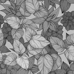 Tropical jungle seamless monochrome pattern on foliage background,