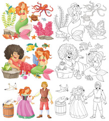 Obraz na płótnie Canvas The little mermaid. Fairy tale. Coloring page. Illustration for children. Cute and funny cartoon characters