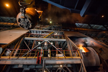 Metallurgical plant factory workshop. Melting of copper with Pierce-Smith converter. Metallurgical...