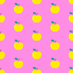 Yellow apples with blue leaves on pink background, seamless pattern 
