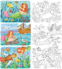Naklejka premium The little mermaid. Fairy tale. Coloring page. Illustration for children. Cute and funny cartoon characters