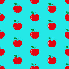 Red apples with green leaves on blue background, seamless pattern 