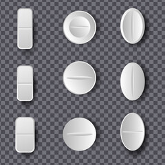 Medications. Set of white pills and tablets on transparent background. Medical and healthcare concept.