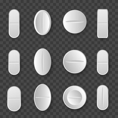 Medications. Set of white pills and tablets on transparent background. Medical and healthcare concept.