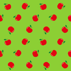 Red apples with green leaves on green background, seamless pattern 