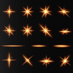 The sun is shining bright light rays with realistic glare. Light star on a transparent black background. Light star gold png. Light sun gold png. Light flash gold png. 