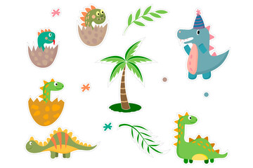 Set of stickers cute dinosaurs, dinosaur in egg, leaves and palm. Vector cartoon illustration.