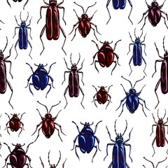 Seamless pattern of beetles drawn in gouache. Trending botanical background with various insects. Wild animals in pattern for textiles and typography