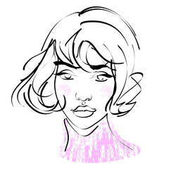 Abstract human face drawing with lines, quick sketch, fashion illustration, woman beauty minimalist, vector illustration for t-shirt, print design, covers, web