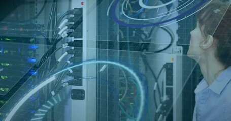 Animation of scopes scanning over computer servers and woman - Powered by Adobe