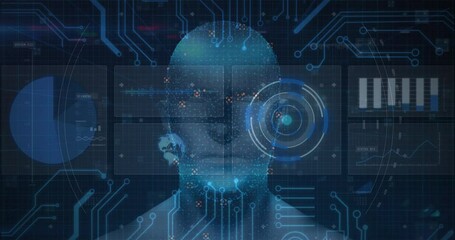 Animation of scopes scanning human head over grid - Powered by Adobe