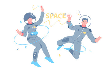 Fototapeta premium Man and woman astronauts exploring outer space